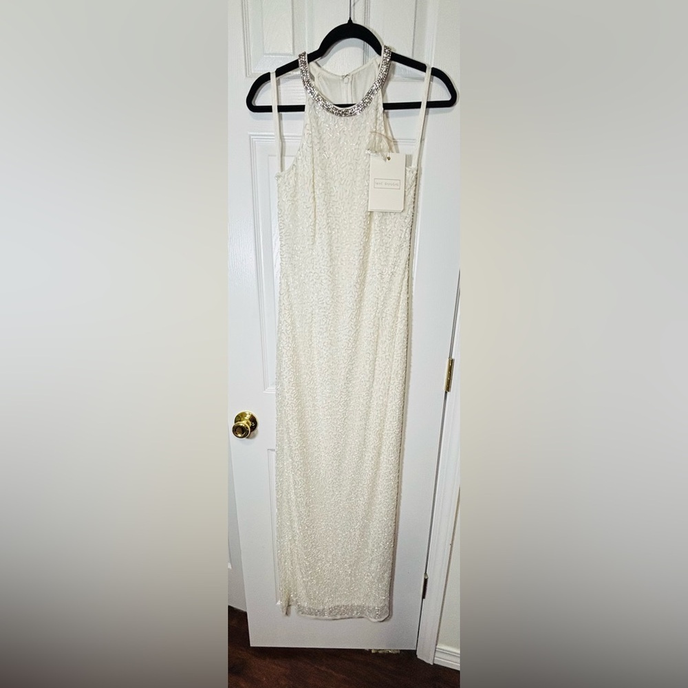 NWT MAC DUGGAL SZ 6 White Beaded Embellished Halter Neckline #93742